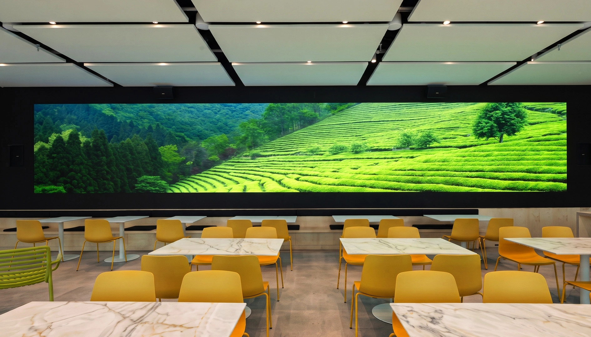 Environmental graphic design featuring custom panoramic video wall in office dining area by Studio Luka
