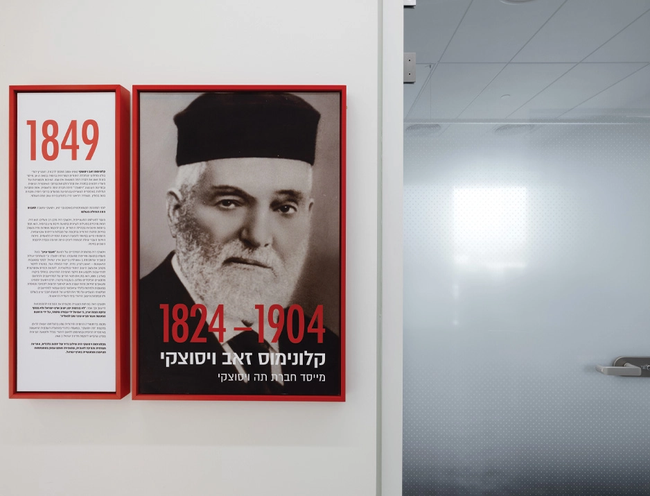 Corporate history timeline display featuring custom framed wall prints in office corridor