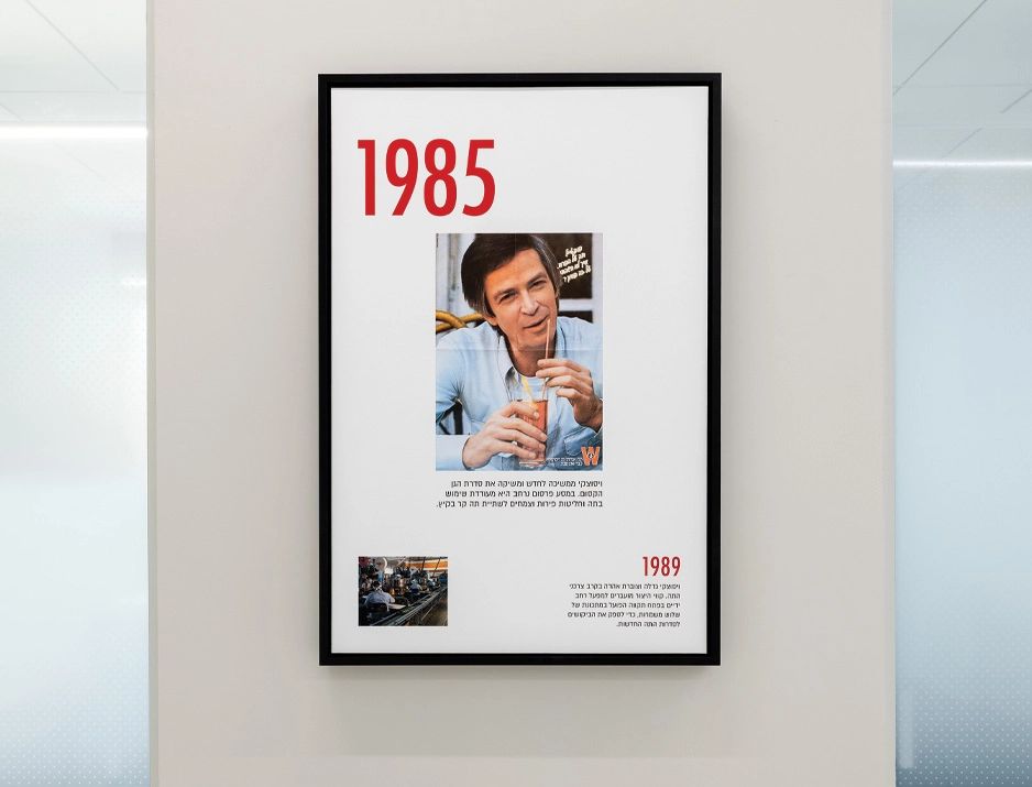 Corporate history timeline display featuring custom framed wall prints in office corridor