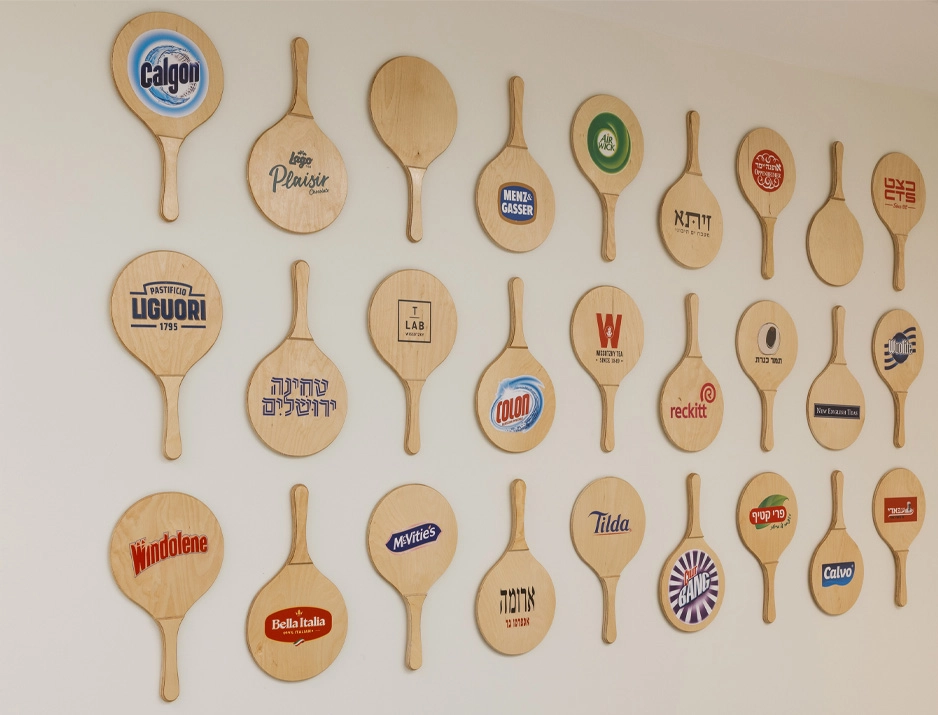 Custom printed wooden paddle 3D wall art installation