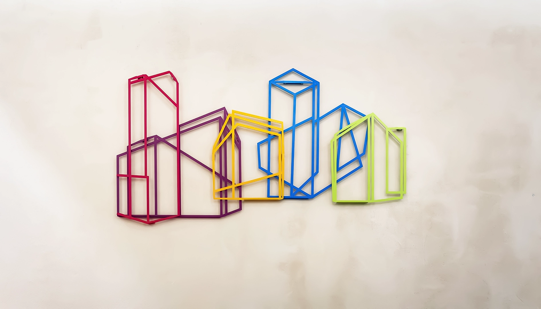 3D painted aluminum geometric wall art installation and custom metal relief