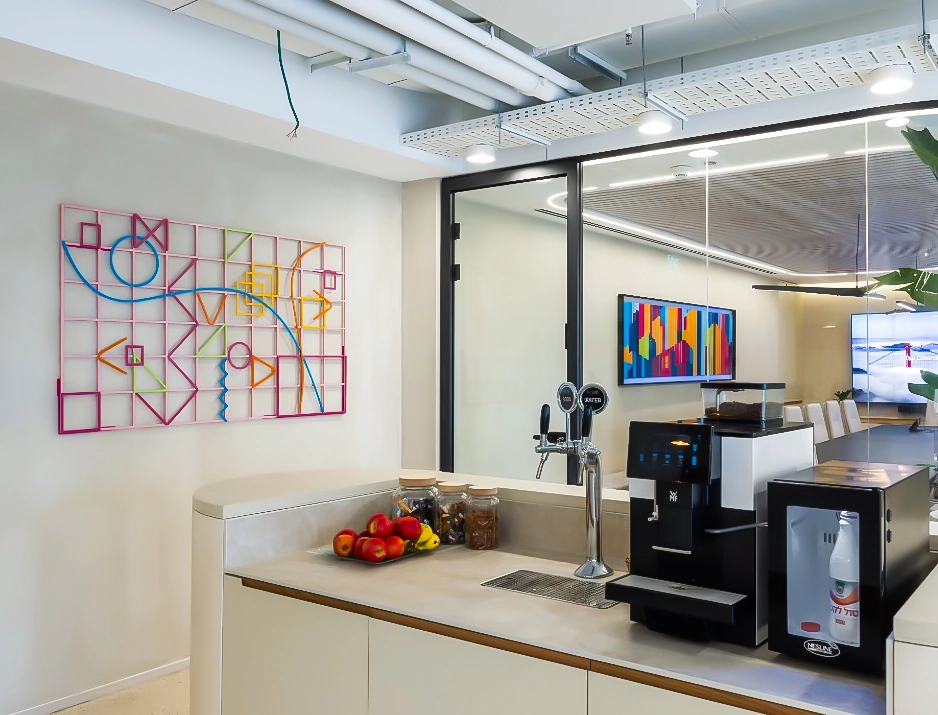 3D painted aluminum geometric wall art installation and custom metal relief