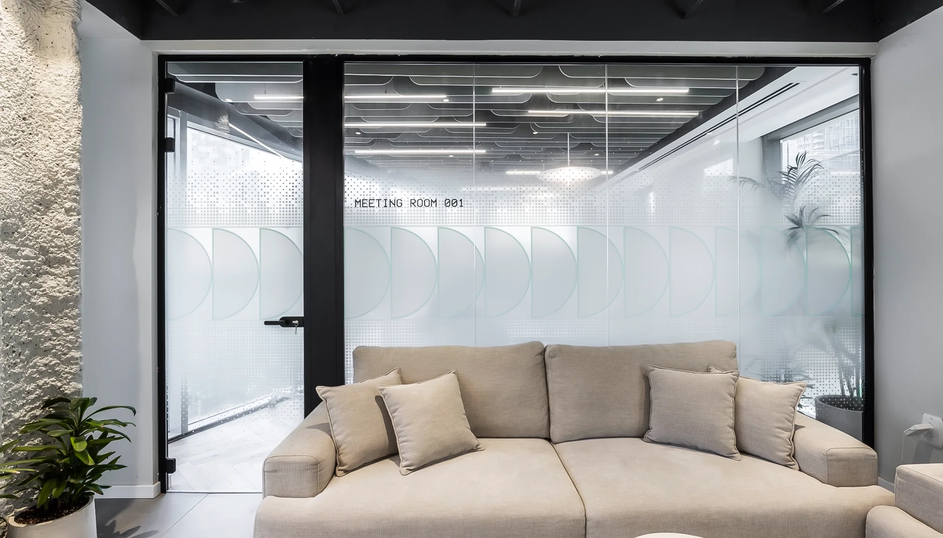 Custom gradient glass privacy film and cut vinyl office room signage